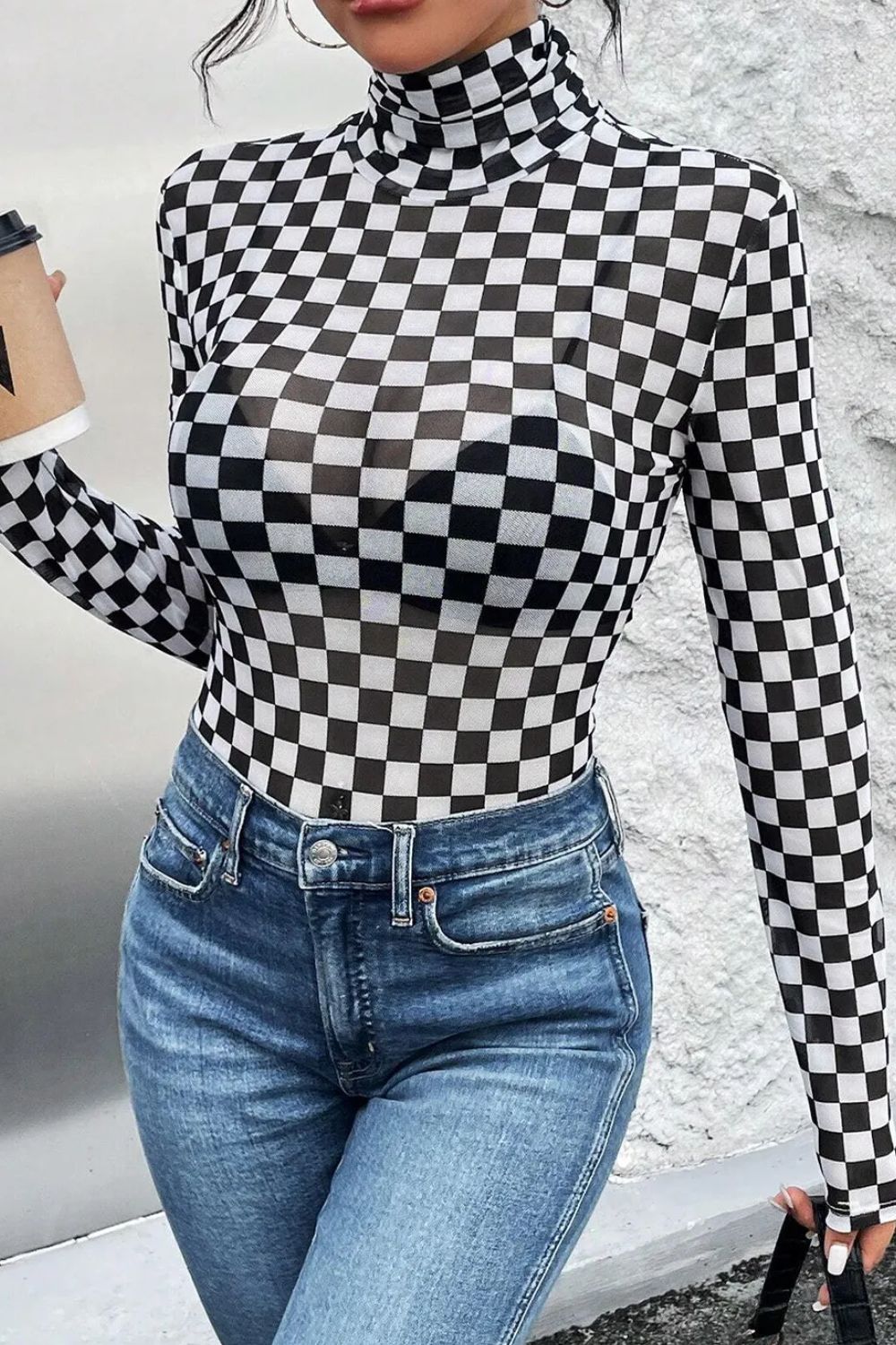 Checkered Turtleneck Bodysuit