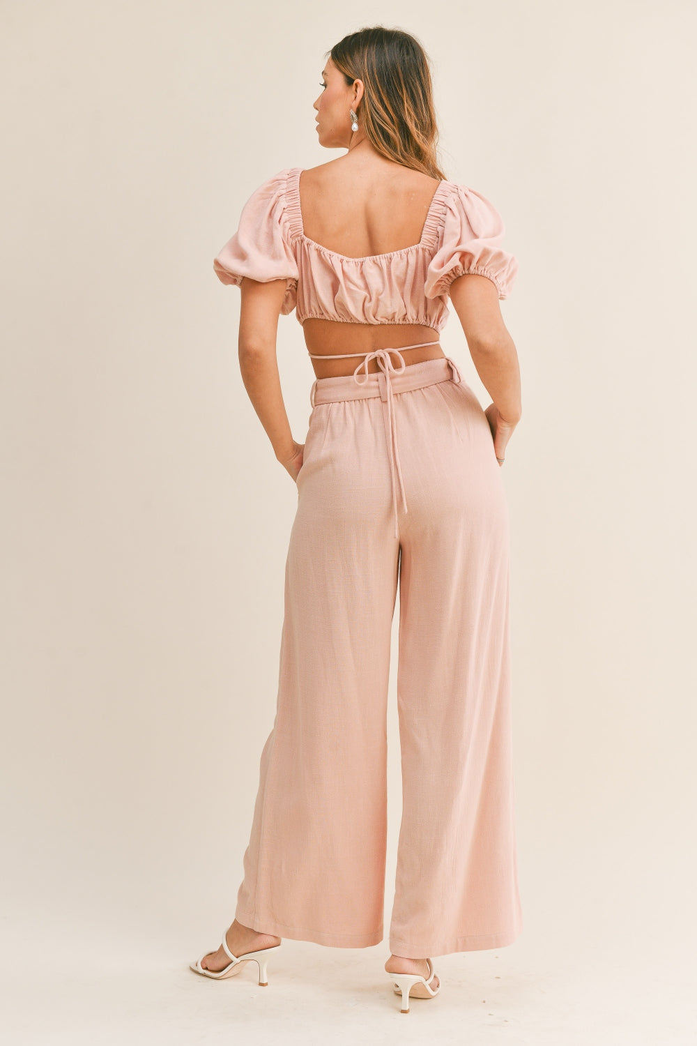 Drawstring Crop Top and Belted Pants Set in Dusty Pink