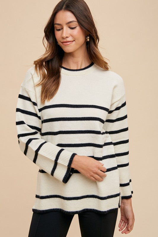 Side Slit Striped Round Neck Sweater in Ivory