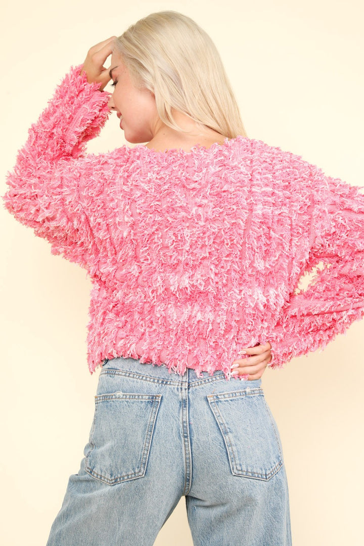 Shaggy Yarn Zip Up Jacket in Pink