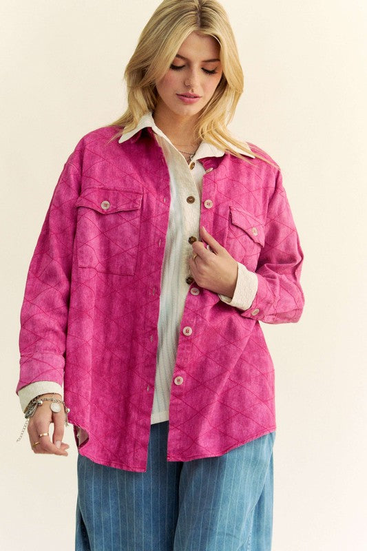 Curved Hem Diamond Quilted Denim Shacket In Hot Pink