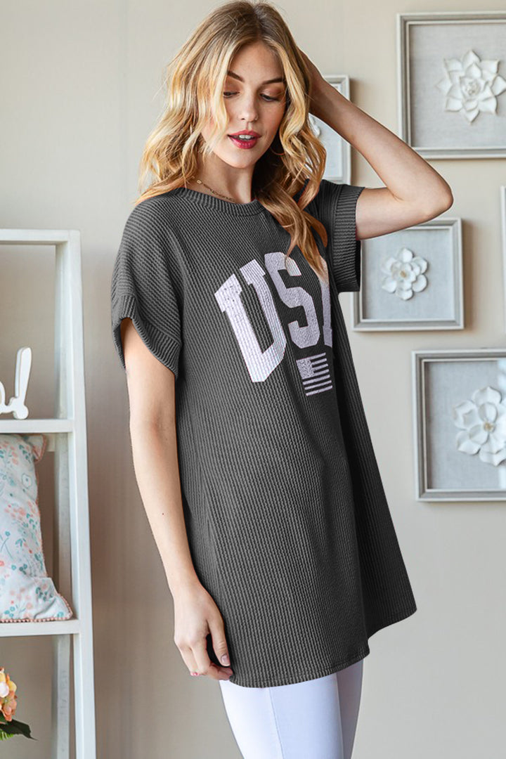 USA Short Sleeve Ribbed Top in Coral in Charcoal