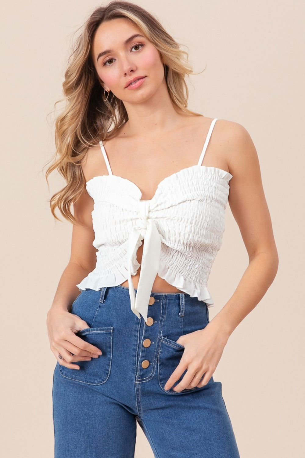 Ruffled Smocked Ribbon Detail Cami in Off White