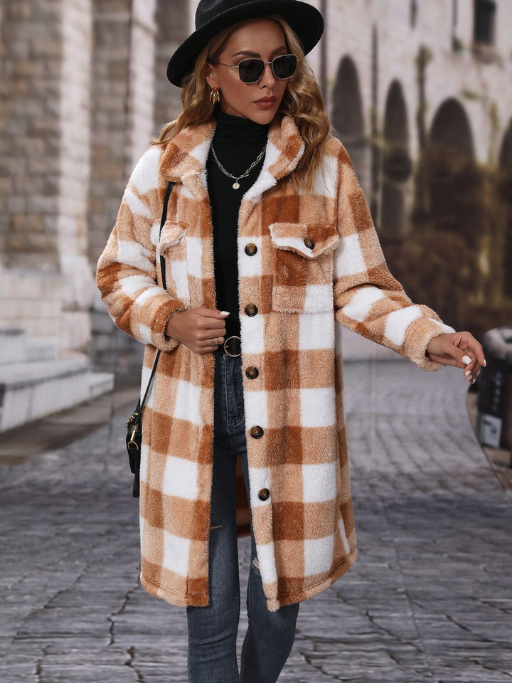 Plaid Collared Button Down Coat in Chestnut