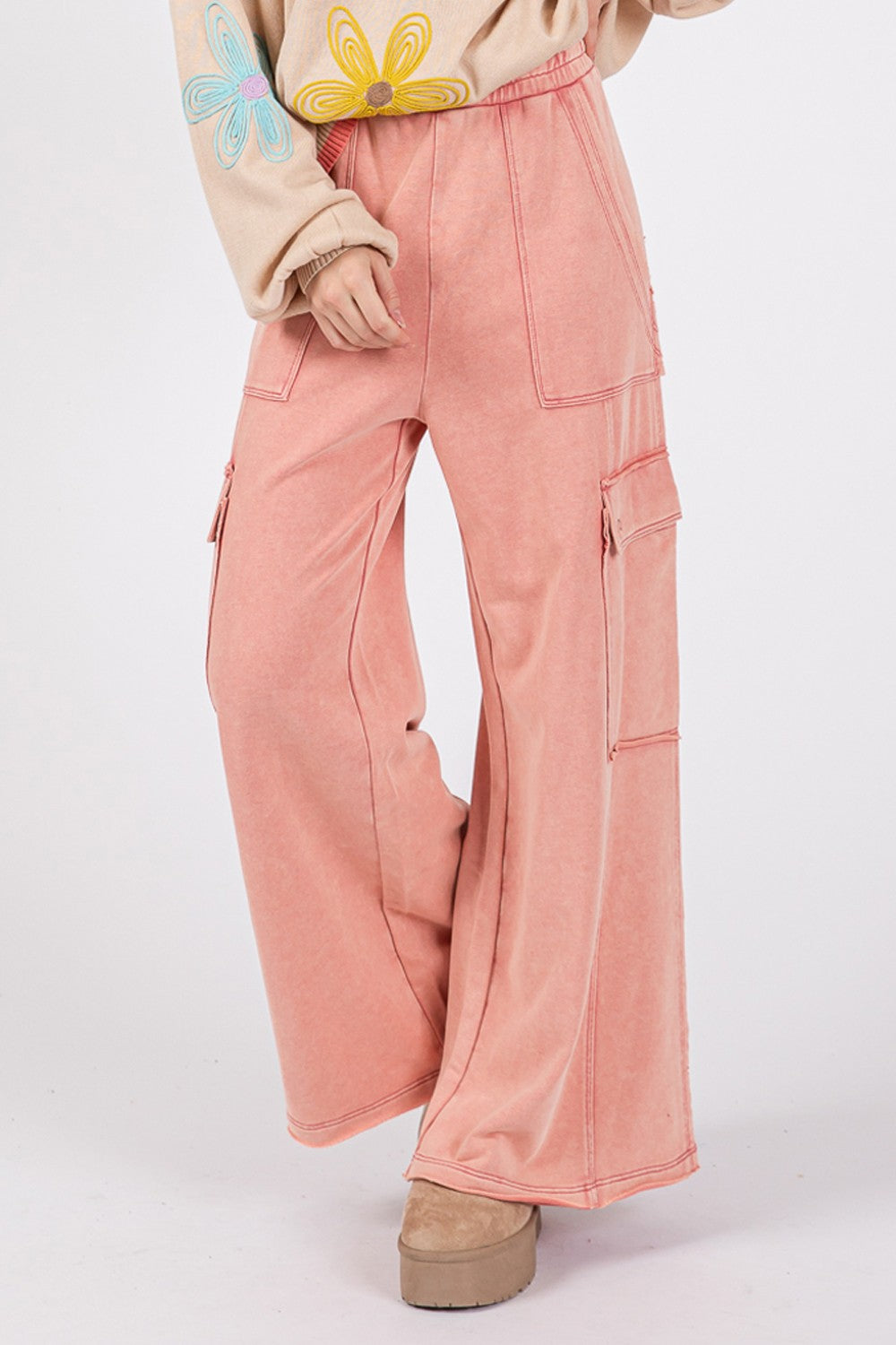 Mineral Wash Wide Leg Pants In Rose