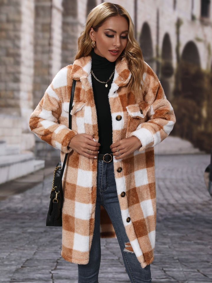 Plaid Collared Button Down Coat in Chestnut