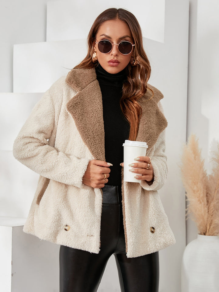 Fuzzy Button Up Coat in Tan