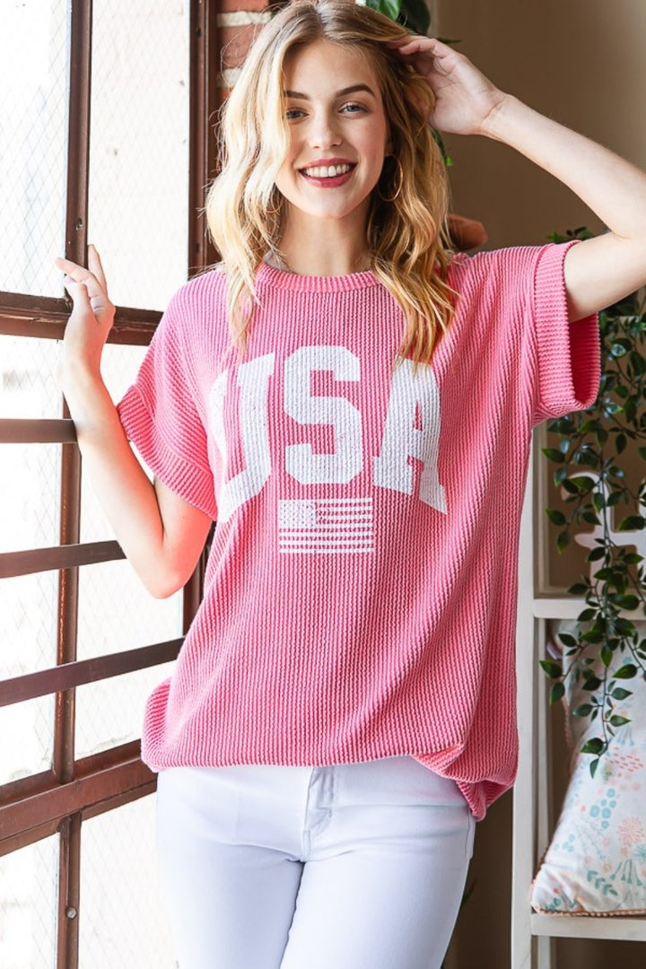 USA Short Sleeve Ribbed Top in Coral