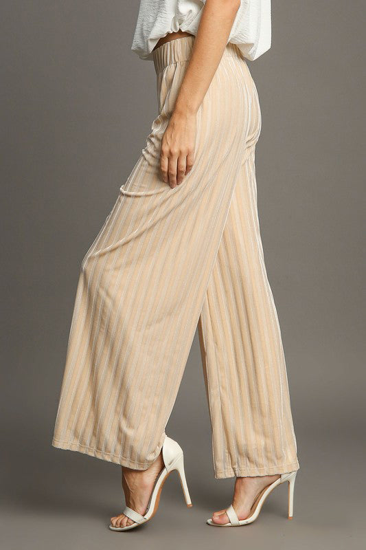 Elastic Waist Striped Wide Velvet Pants in Tan