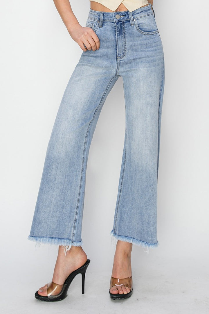 High Rise Crop Wide Fray Hem Jeans