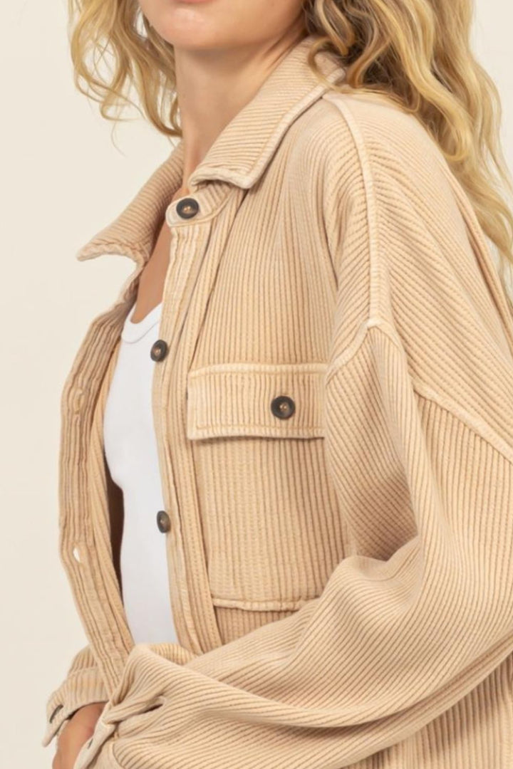 Waffle-Knit Button Up Shacket In Taupe