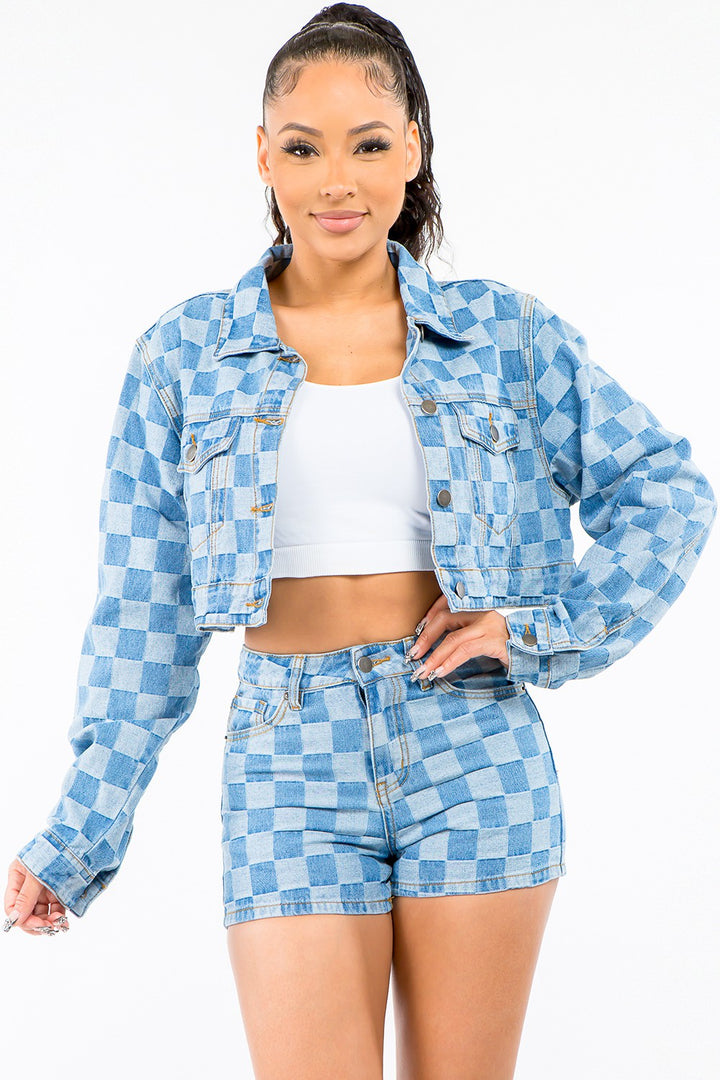 Checkered Cropped Denim Jacket in Blue