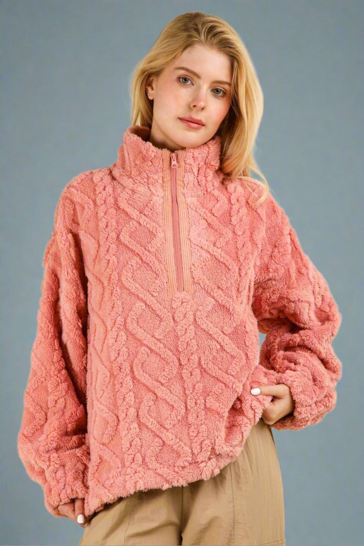 Fuzzy Fleece Half Zip Sweatshirt in Blush