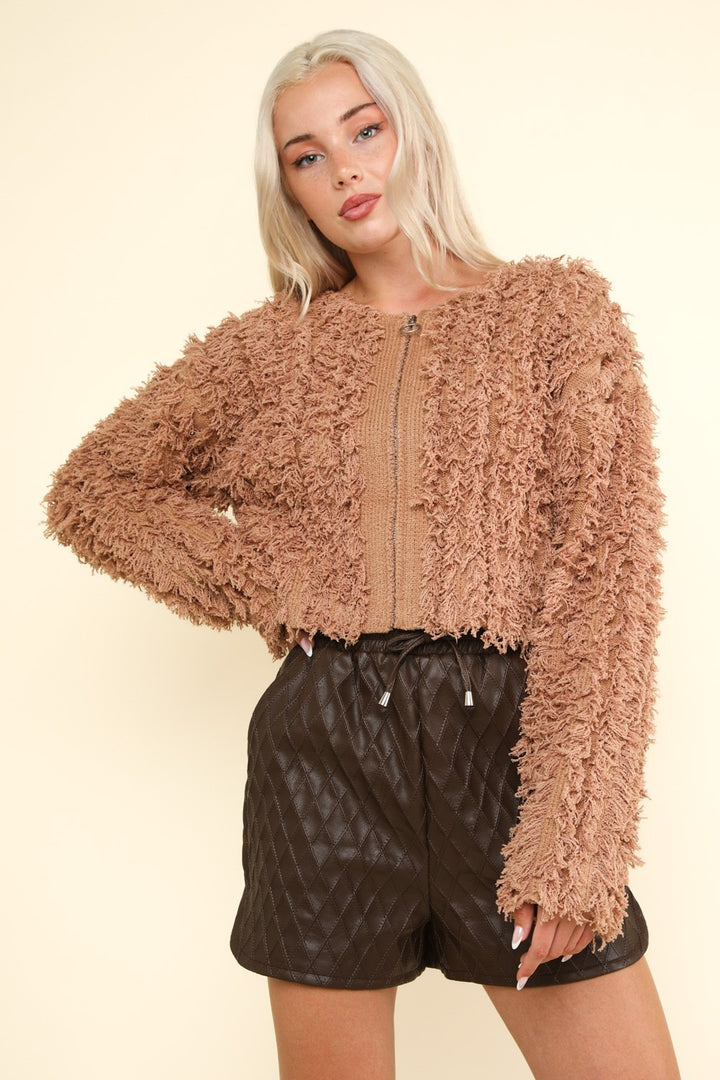 Shaggy Yarn Zip Up Jacket in Mocha