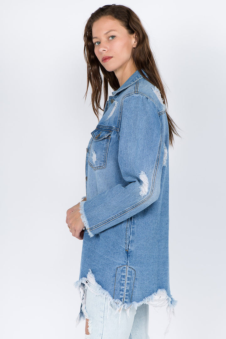 Distressed Frayed Hem Denim Jacket In Blue