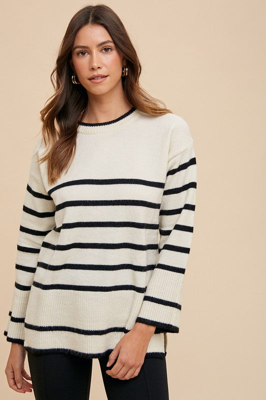 Side Slit Striped Round Neck Sweater in Ivory