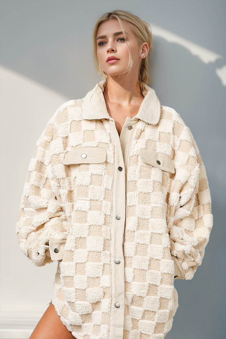 Button Up Fuzzy Checkered Shacket In Cream