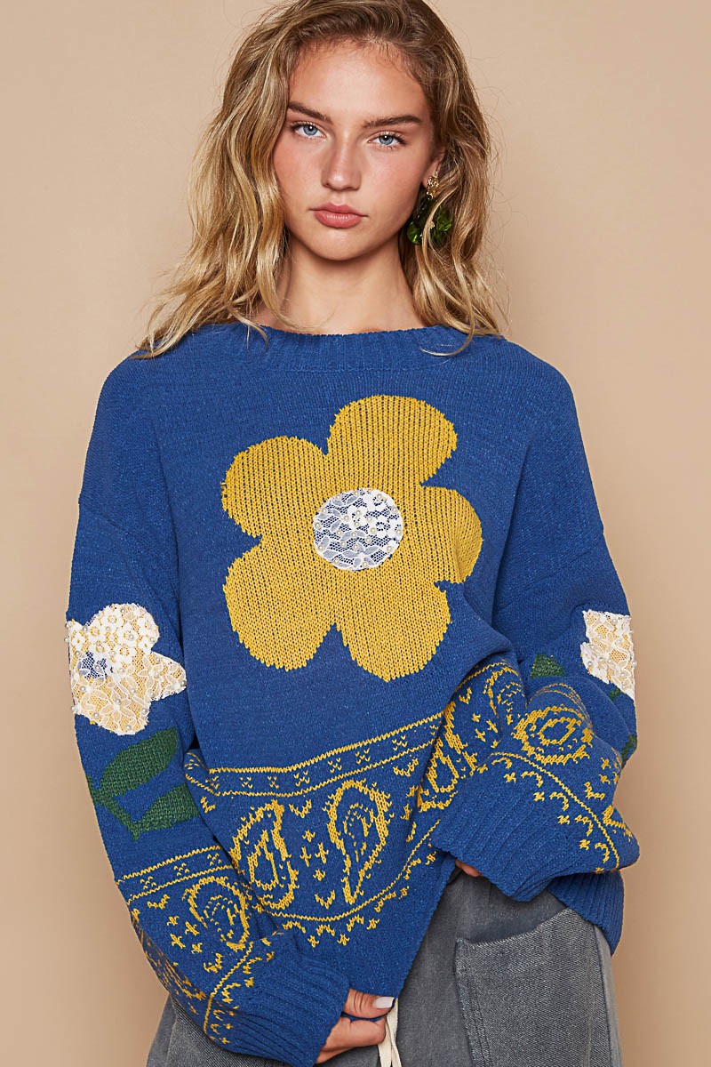 POL Flower Lace Patch Long Sleeve Sweater