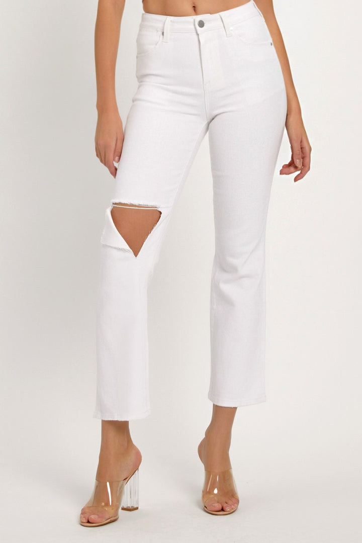 Distressed Cropped Straight Jeans In White