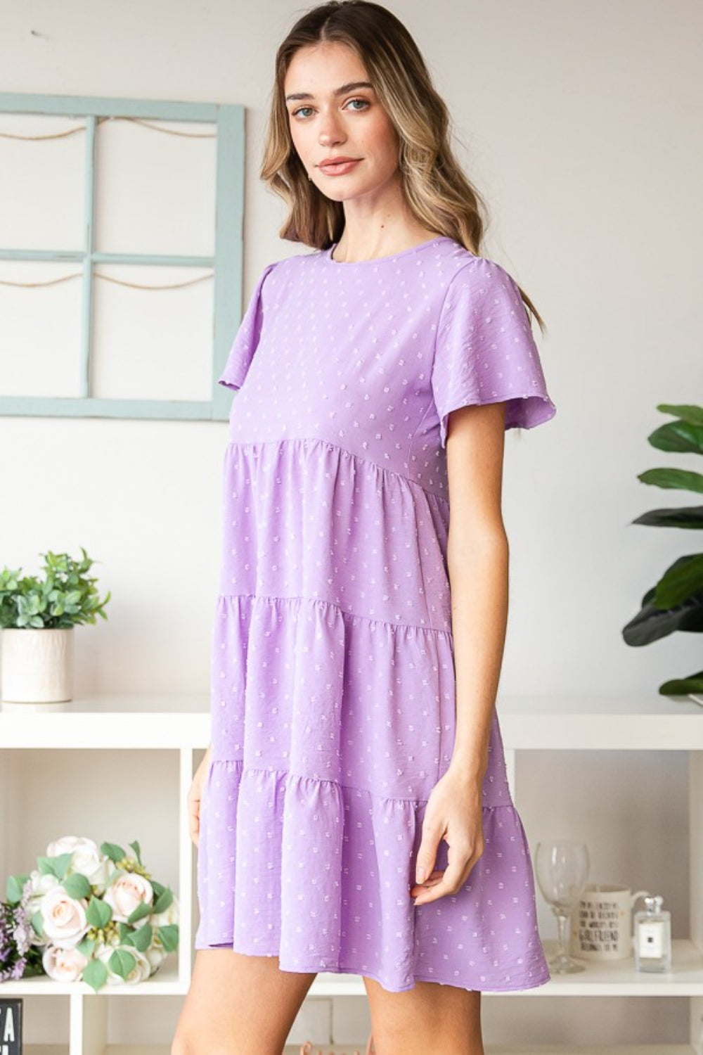 Short Sleeve Tiered Dress in Lilac