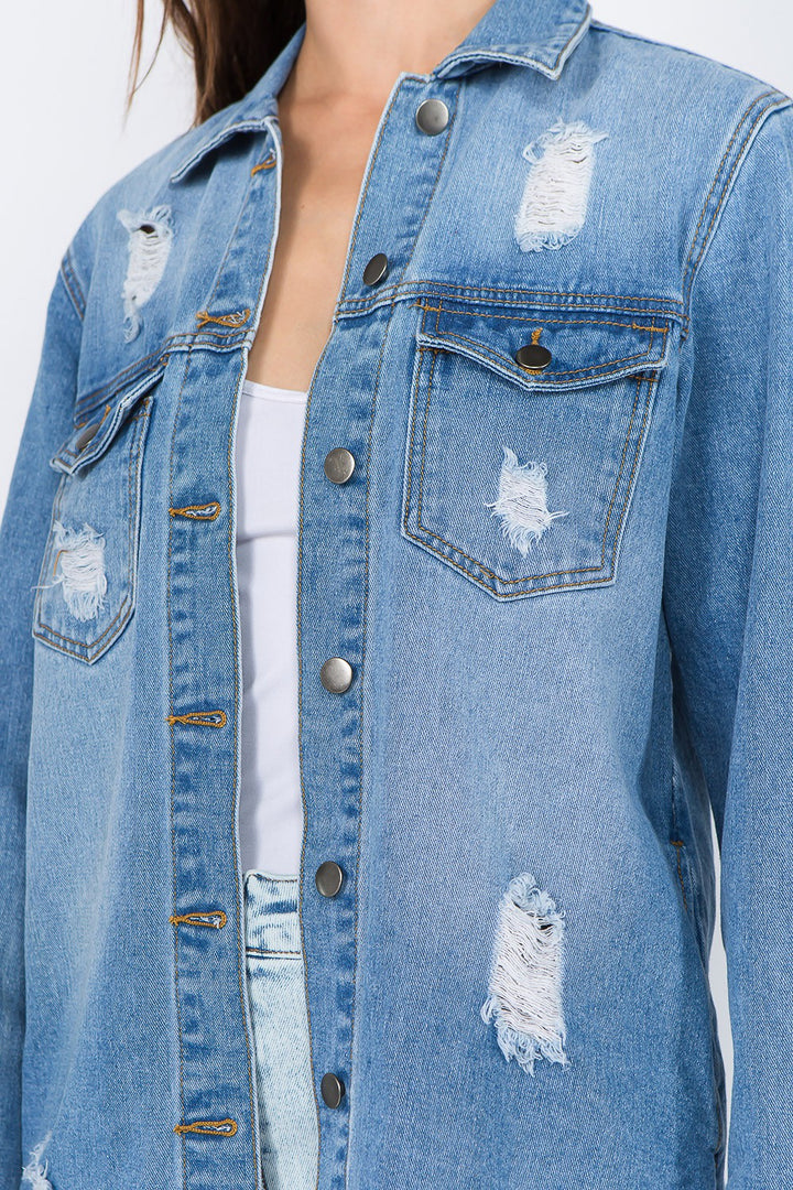 Distressed Frayed Hem Denim Jacket In Blue