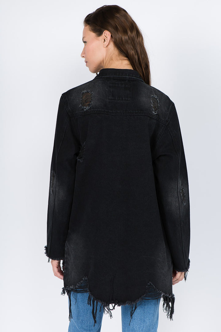 Distressed Frayed Hem Denim Jacket In Black