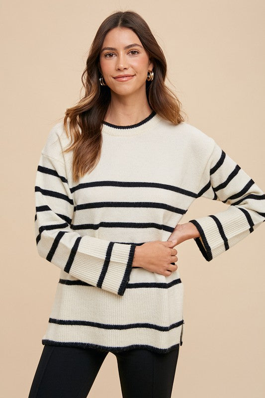 Side Slit Striped Round Neck Sweater in Ivory