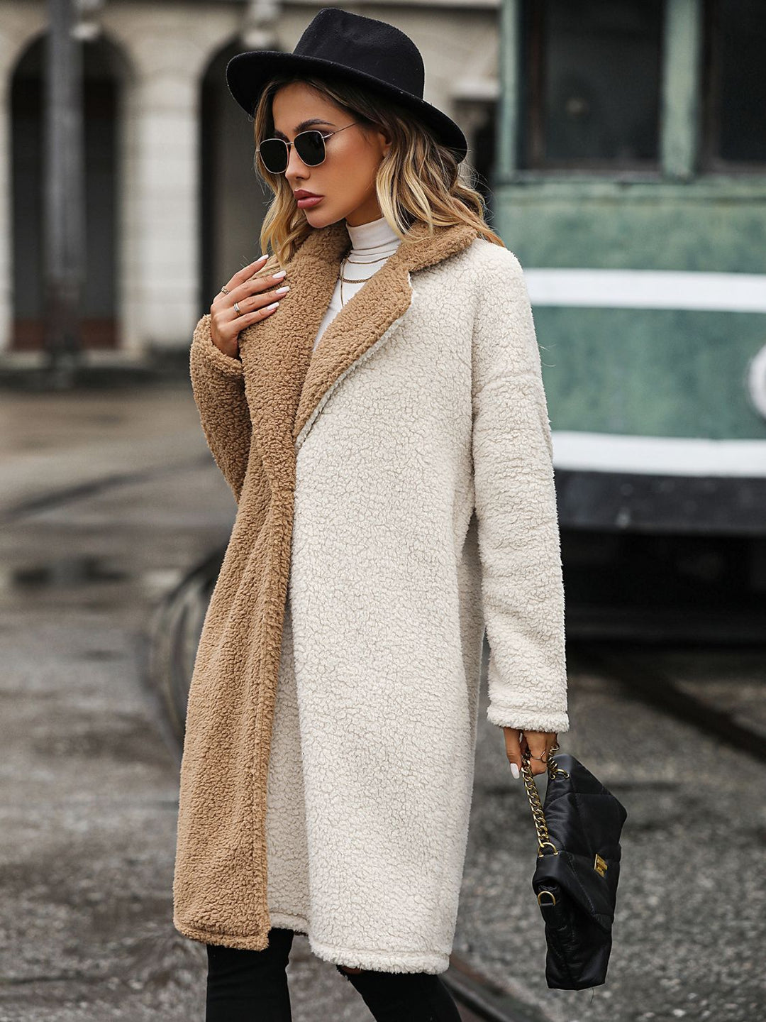 Contrast Dropped Shoulder Sherpa Coat in Camel