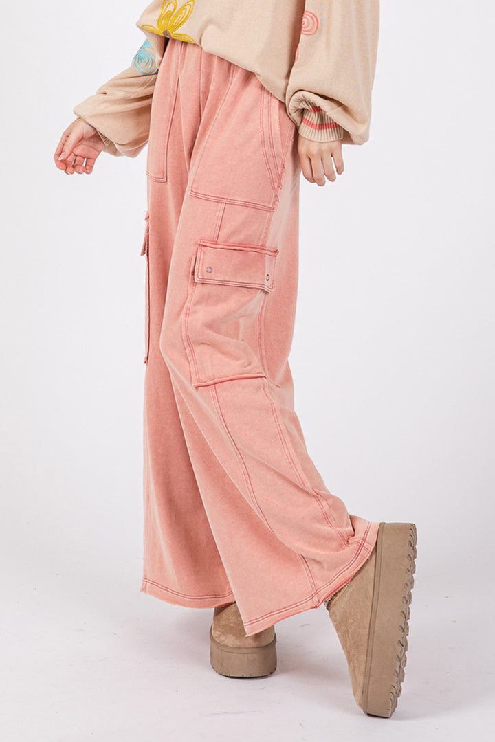 Mineral Wash Wide Leg Pants In Rose