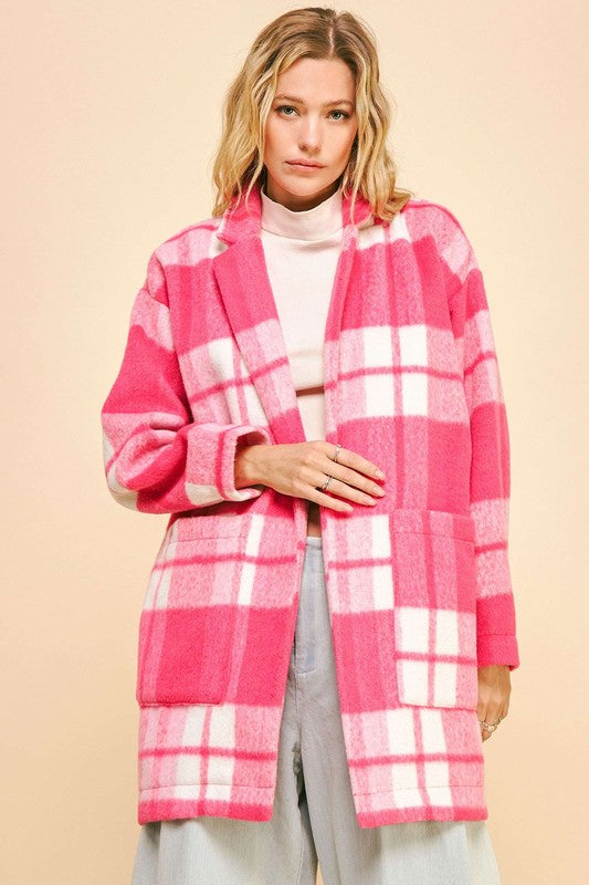 Plaid Open Front Longline Coat In Hot Pink