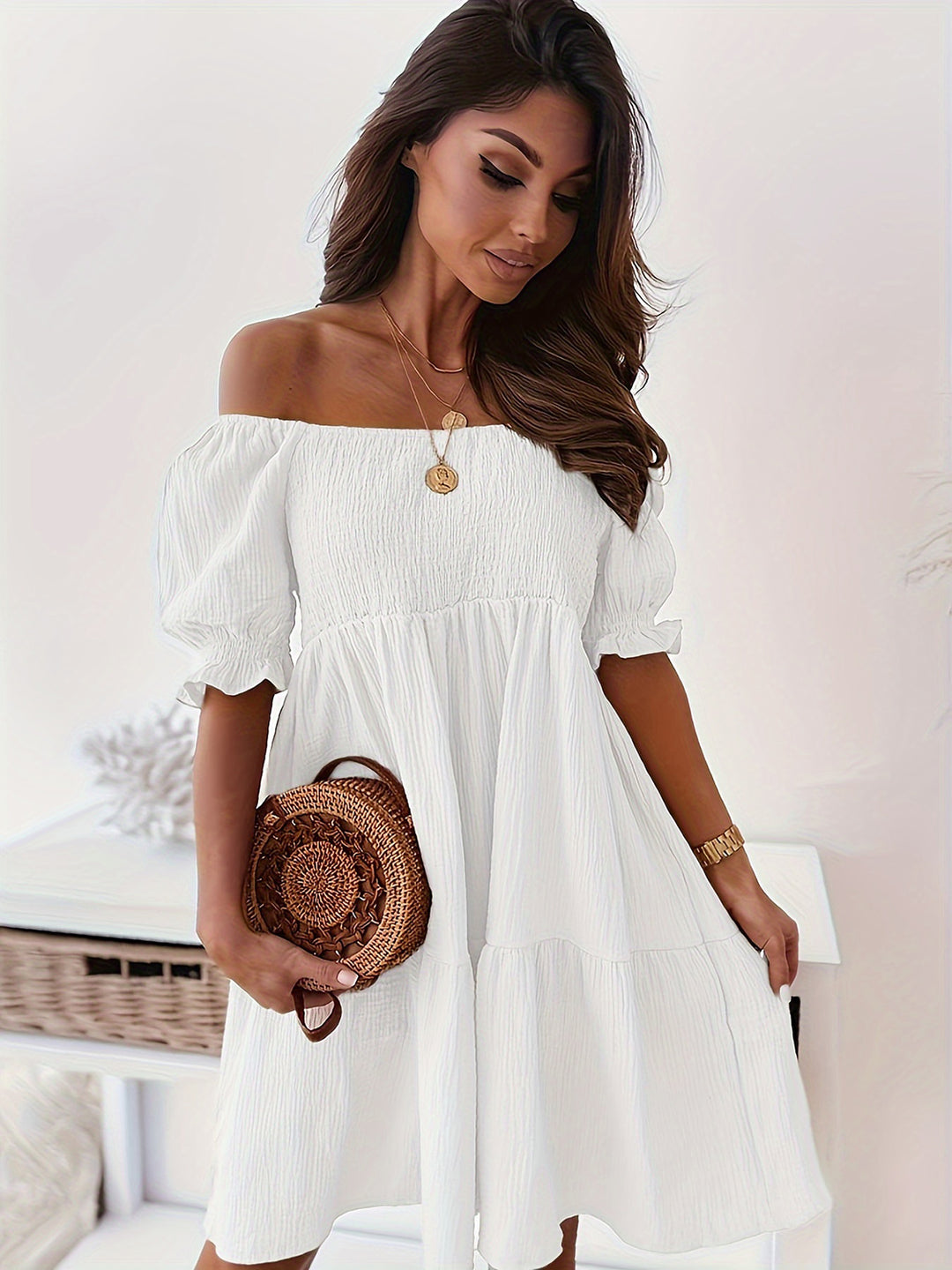 Ruffled Off-Shoulder Short Sleeve Dress