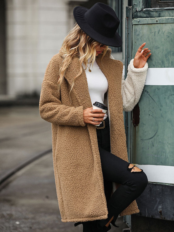 Contrast Dropped Shoulder Sherpa Coat in Camel