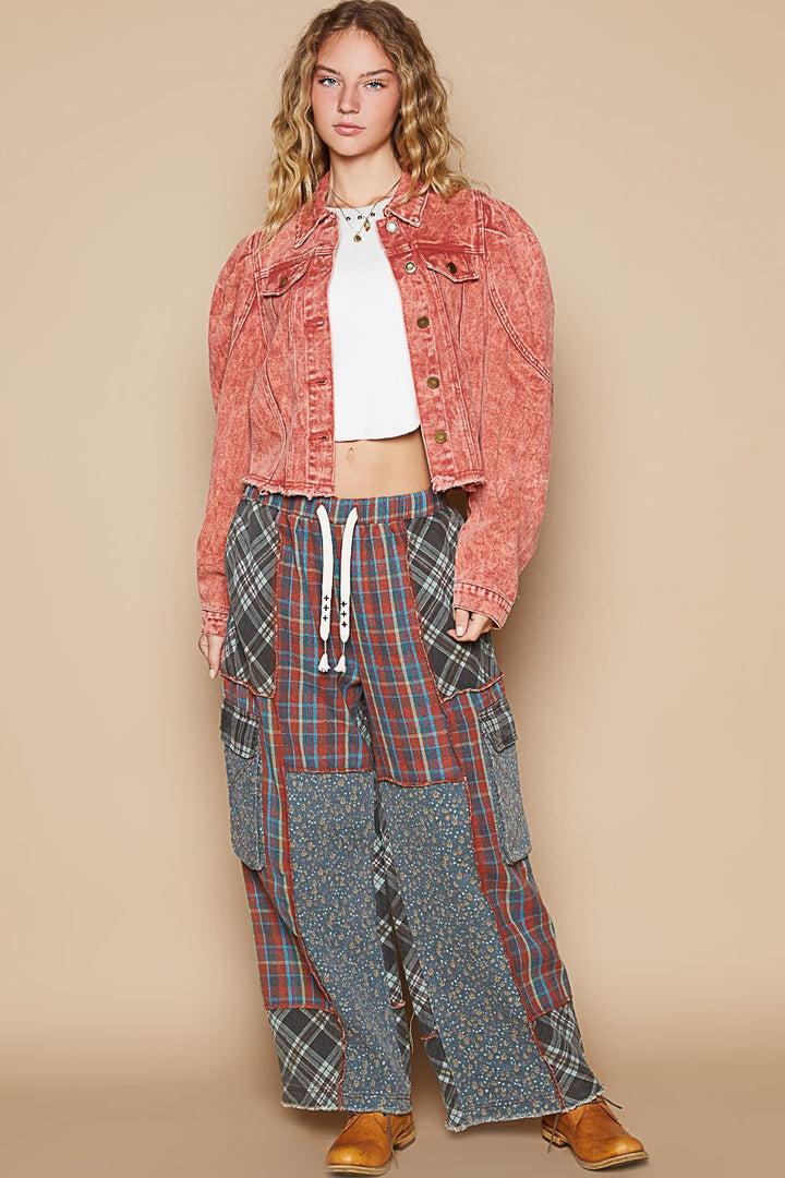 Raw Hem Cropped Denim Jacket In Red