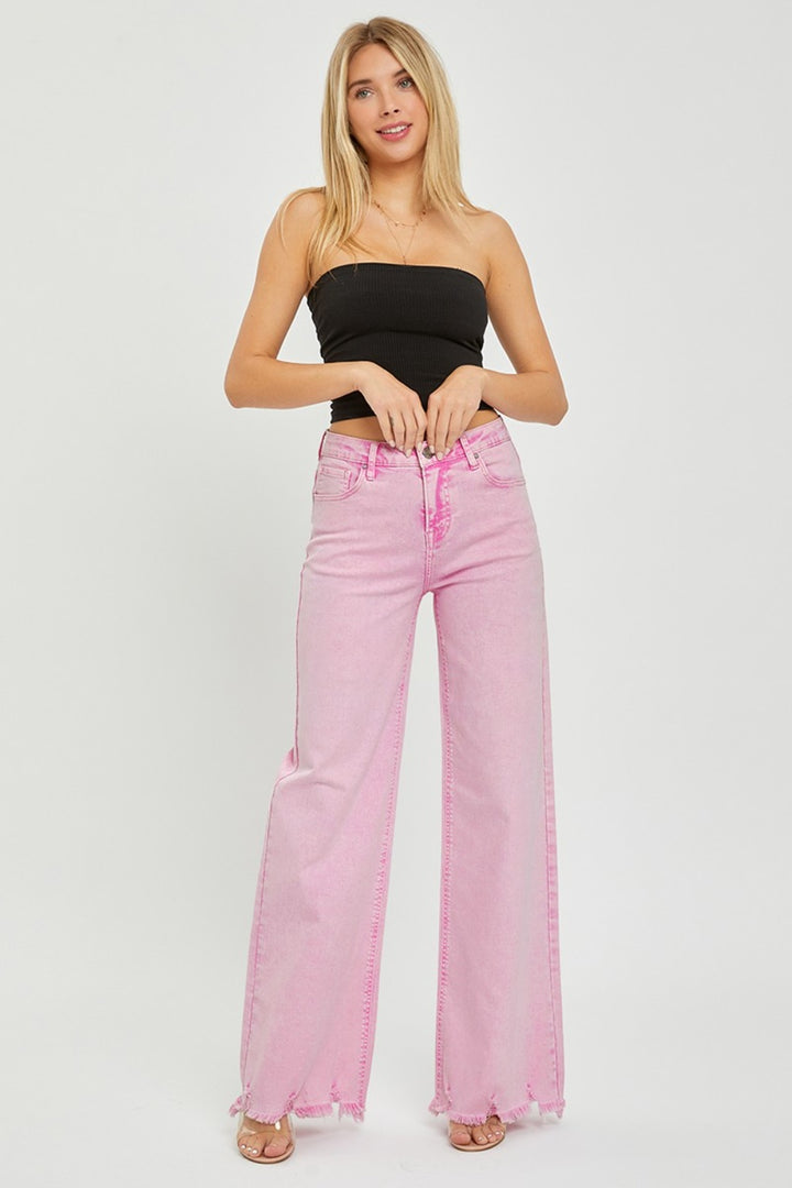 High Rise Wide Leg Jeans In Acid Pink