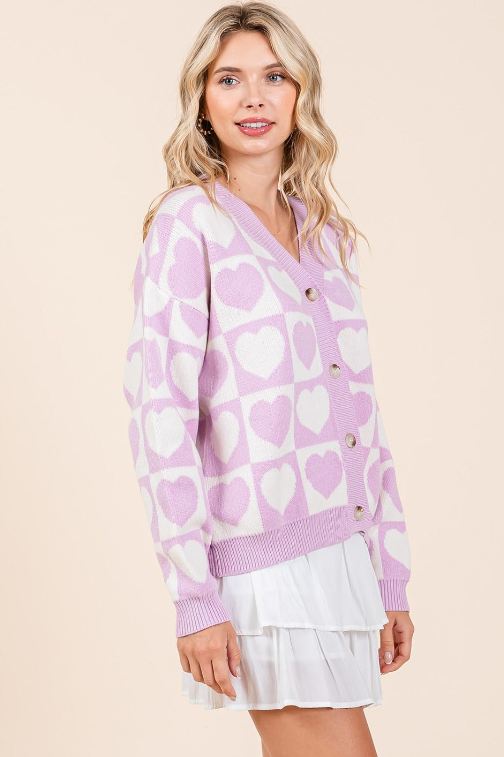 Checkered Heart Button Down Cardigan In Lilac