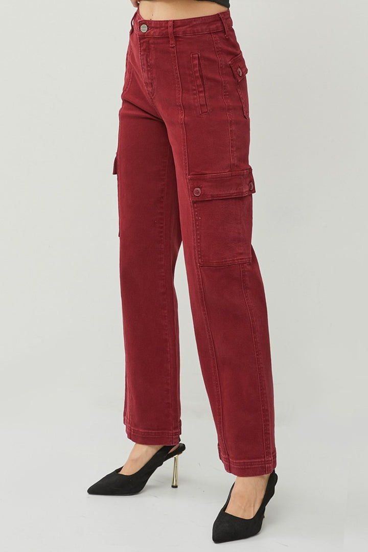 High Rise Wide Leg Cargo Jeans In Wine Red