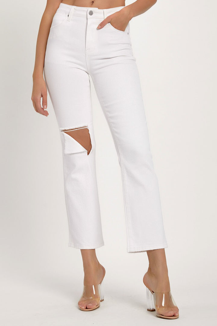 Distressed Cropped Straight Jeans In White