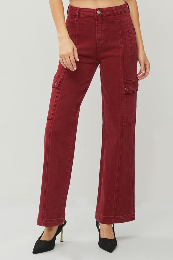 High Rise Wide Leg Cargo Jeans In Wine Red