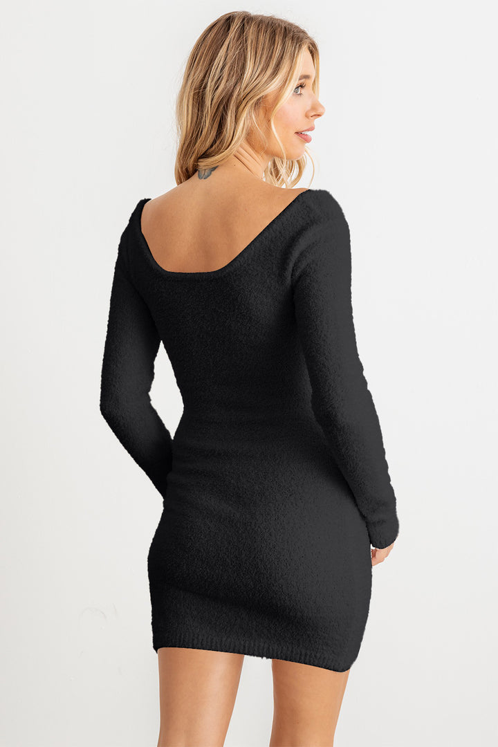 Fluffy Bow Long Sleeve Mini Dress in Black