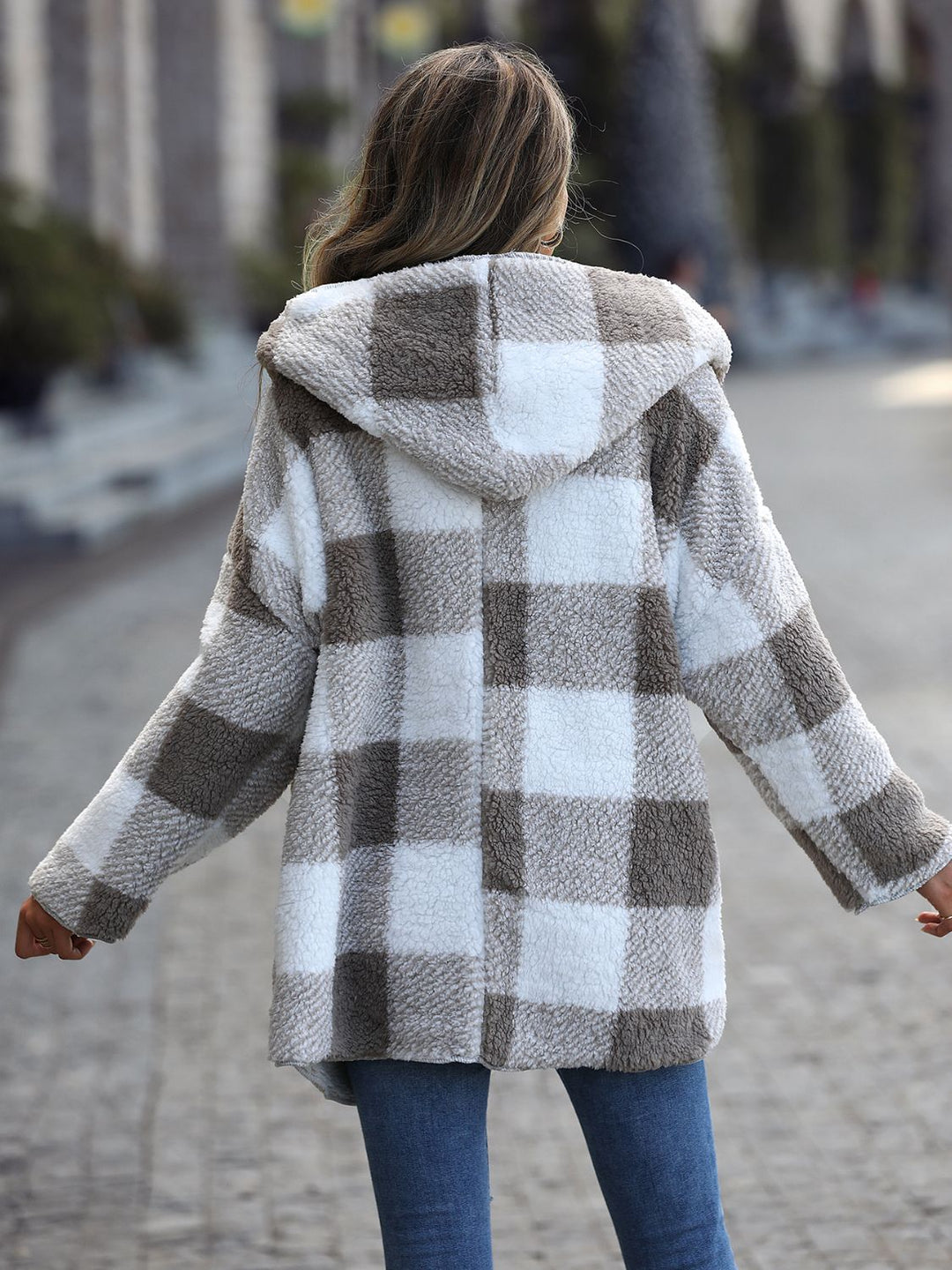 Plaid Open Hooded Coat in Charcoal