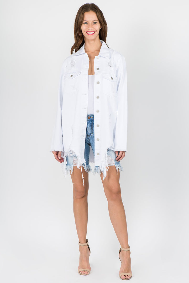 Distressed Frayed Hem Denim Jacket In White