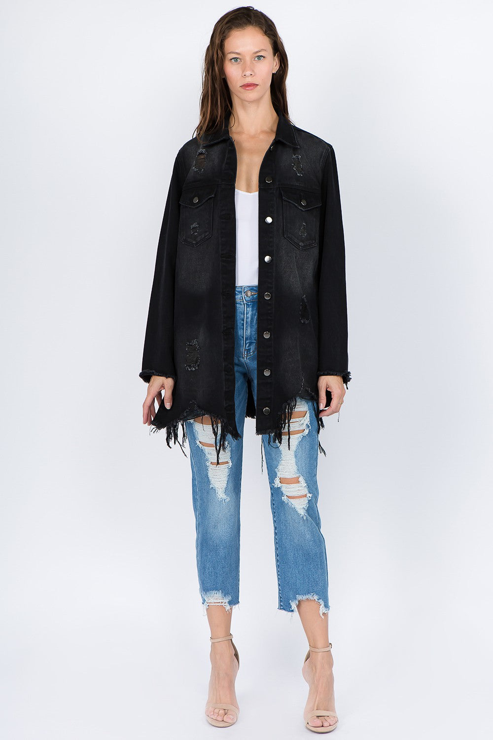 Distressed Frayed Hem Denim Jacket In Black