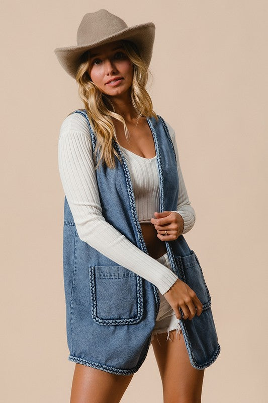 Trim Open Front Denim Vest with Pockets