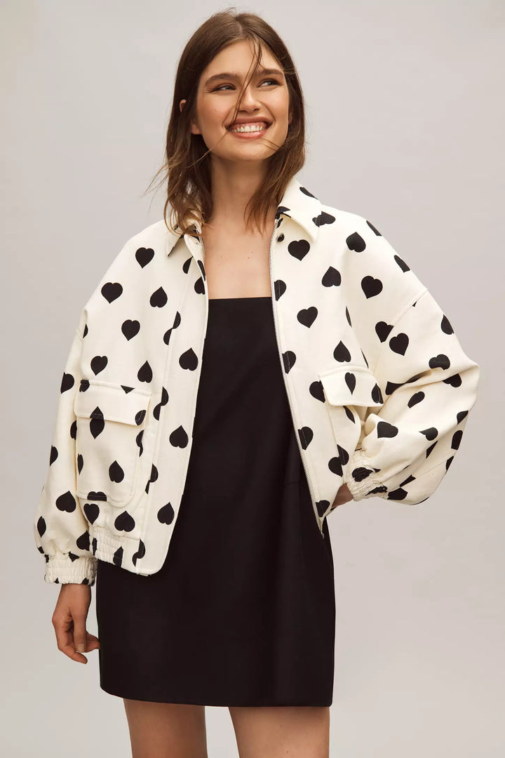 Polka Hearts Bomber Jacket in White