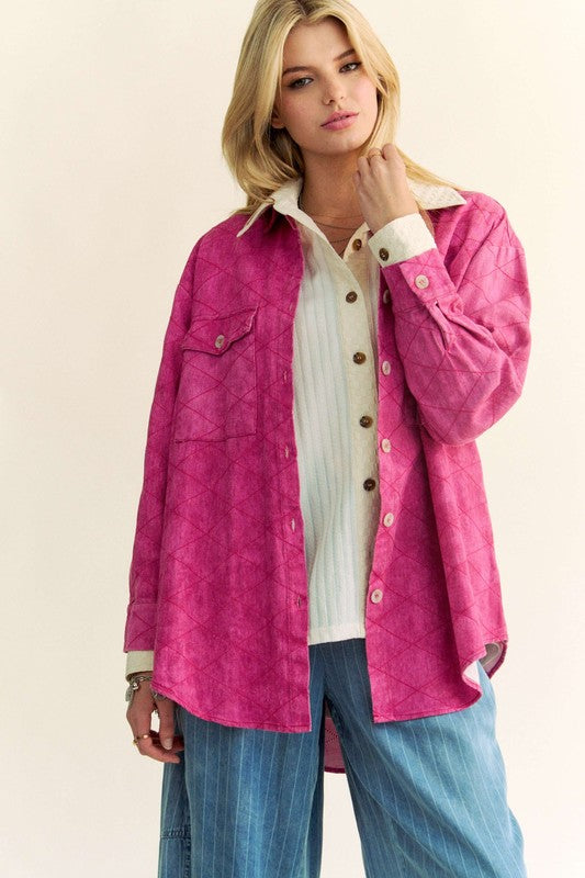 Curved Hem Diamond Quilted Denim Shacket In Hot Pink