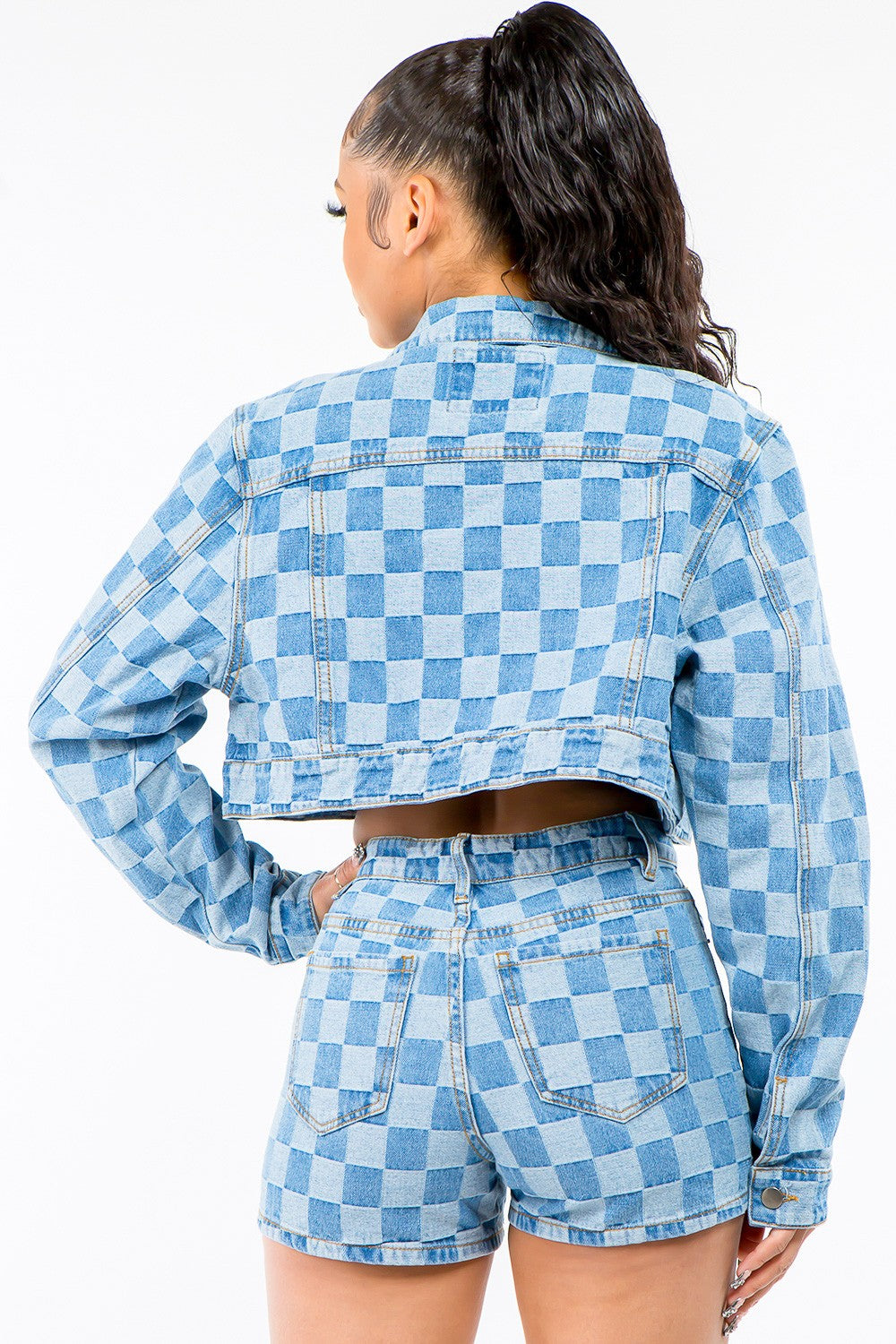 Checkered Cropped Denim Jacket in Blue