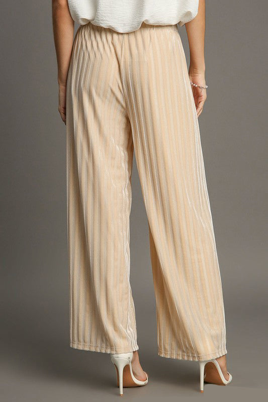 Elastic Waist Striped Wide Velvet Pants in Tan