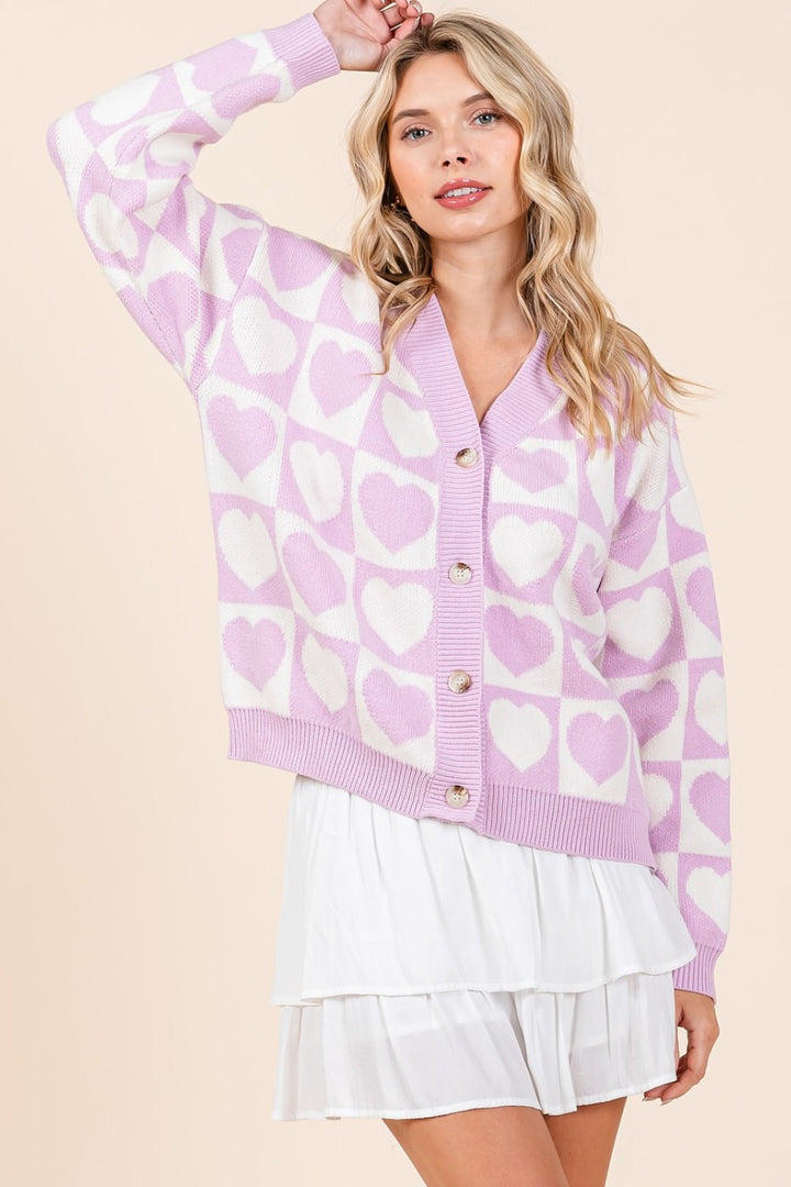 Checkered Heart Button Down Cardigan In Lilac