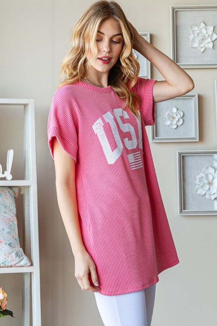 USA Short Sleeve Ribbed Top in Coral