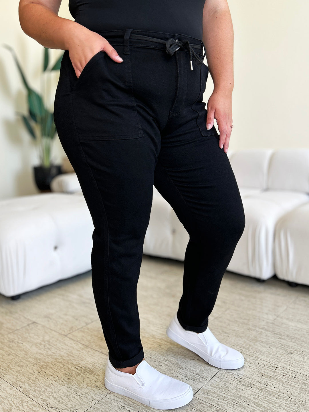 High Waist Double Roll Cuff Pants In Black